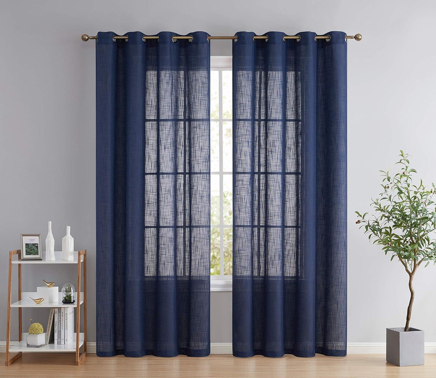 Navy Blue Faux Linen Sheer Grommet Curtain Panels, 54" x 96"