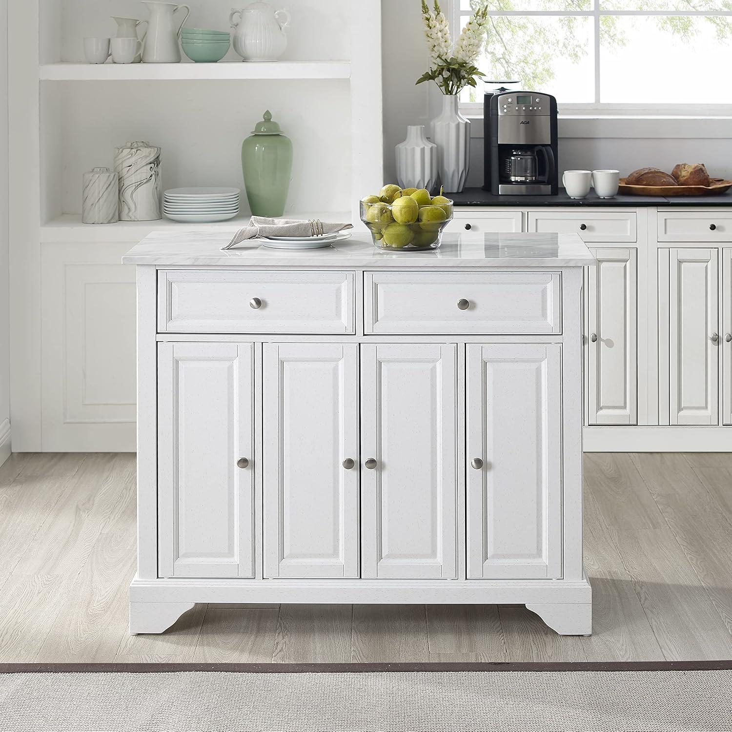 Avery Kitchen Island/Cart Distressed White/White Marble - Crosley: Adjustable Shelves, Particle Board Frame, 6 Shelves, 2 Drawers