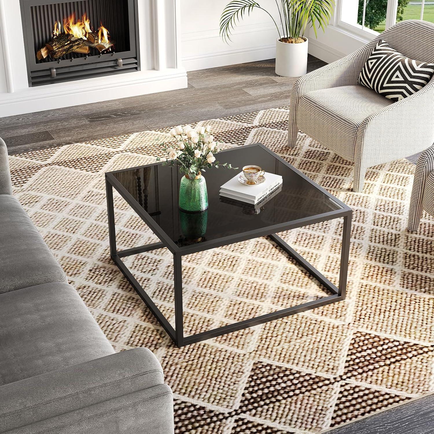 SAYGOER Black Glass Coffee Table Small Modern Coffee Tables 26.7in Square Tempered Glass-Top Accent Center Table for Living Room Home Office with Black Metal Frame Easy Assembly