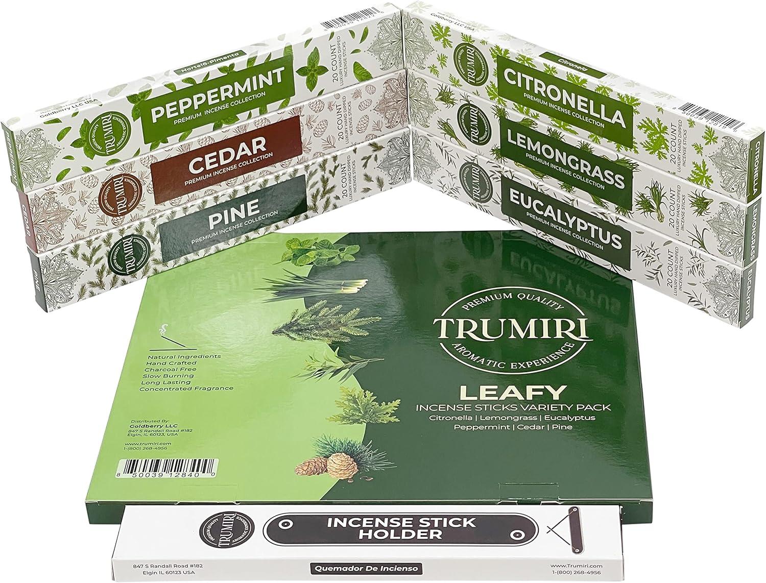 Trumiri Leafy Incense Sticks Variety Pack & Incense Burner - Gift Set - 120 Incents (6 fragrances x 20 pieces each) - Citronella, Lemongrass, Eucalyptus, Peppermint, Pine, Cedar