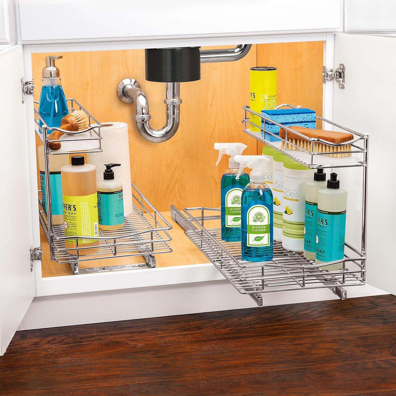 LYNK PROFESSIONAL Pull Out Under Sink Kitchen Cabinet Organizer - 11.5 in. Drawer - Sliding Shelf Organizer for Cabinets and Undersink Storage Shelves - Chrome