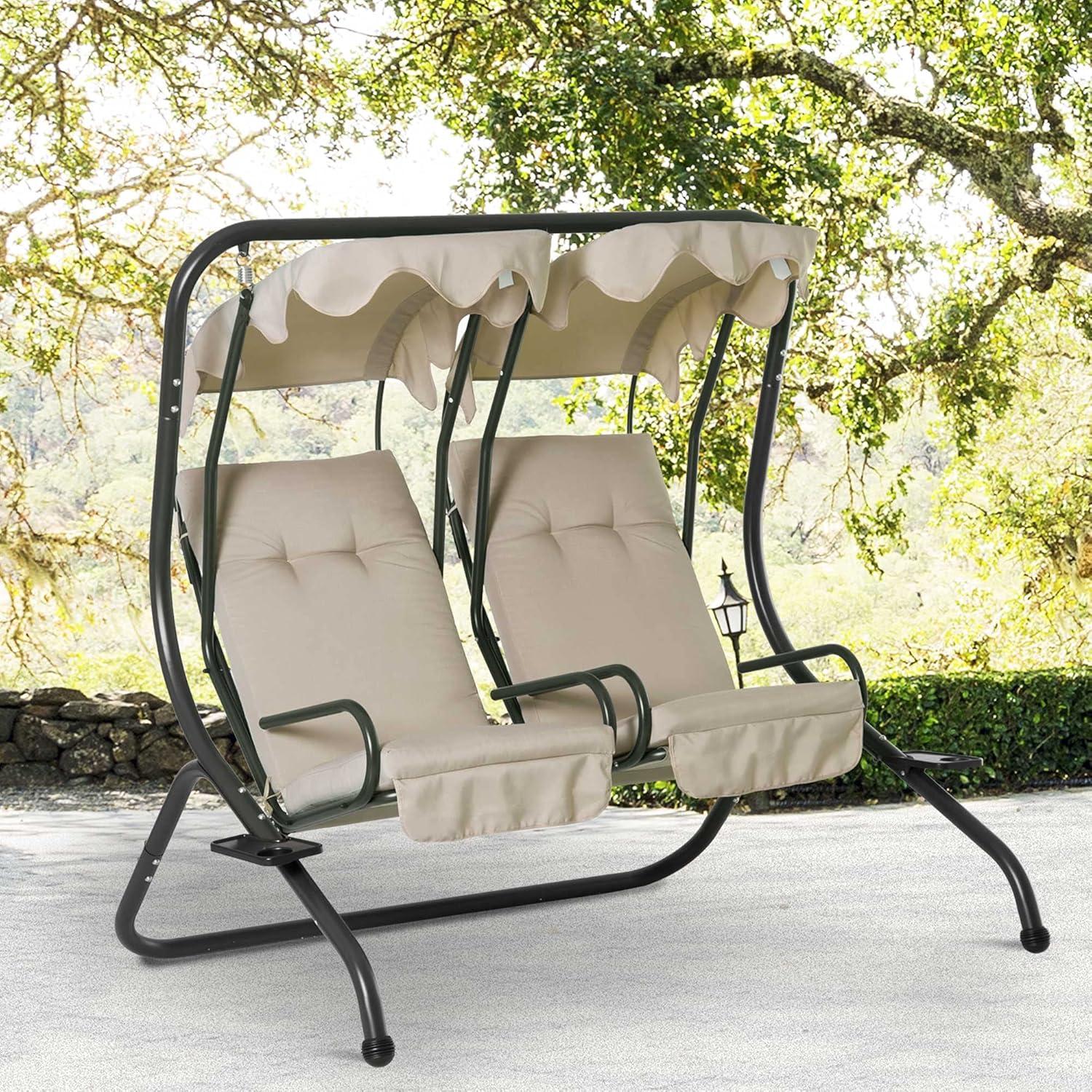 Beige Outdoor Patio Swing Chair with Separate Seats and Canopy