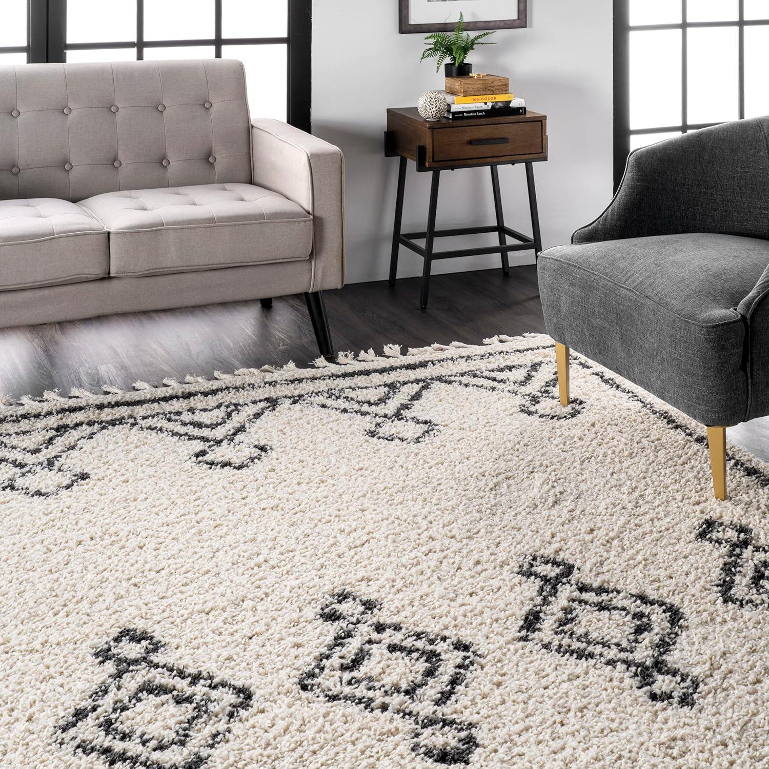 Off-White Synthetic Braided Shag Rug with Moroccan Tassels