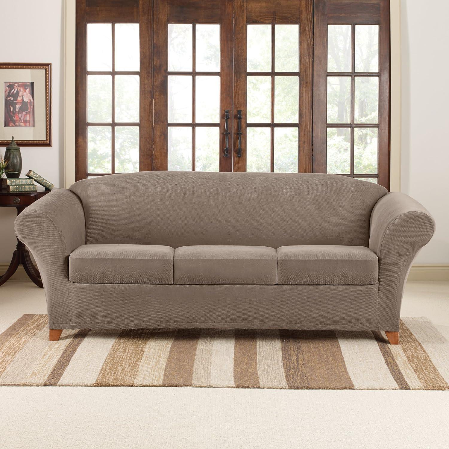 Taupe Stretch Pique Sofa Cover with Cushion Covers