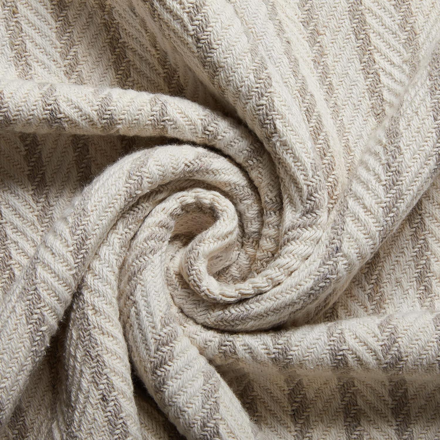 Americanflat 100% Cotton Throw Blanket for Couch - 50x60 - All Seasons Neutral Lightweight Cozy Soft Blankets.[Cream Beige Pinstripe]
