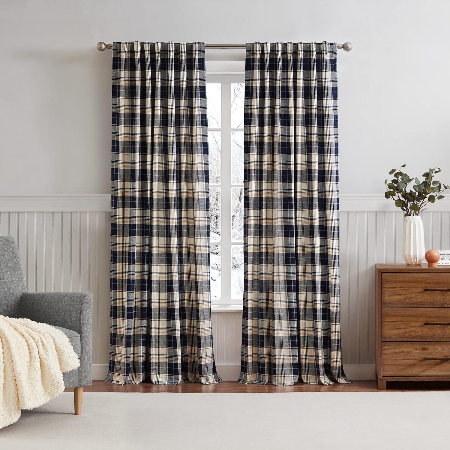 Navy Plaid Cotton Light-Filtering Curtain Panel Pair - 84 Inches