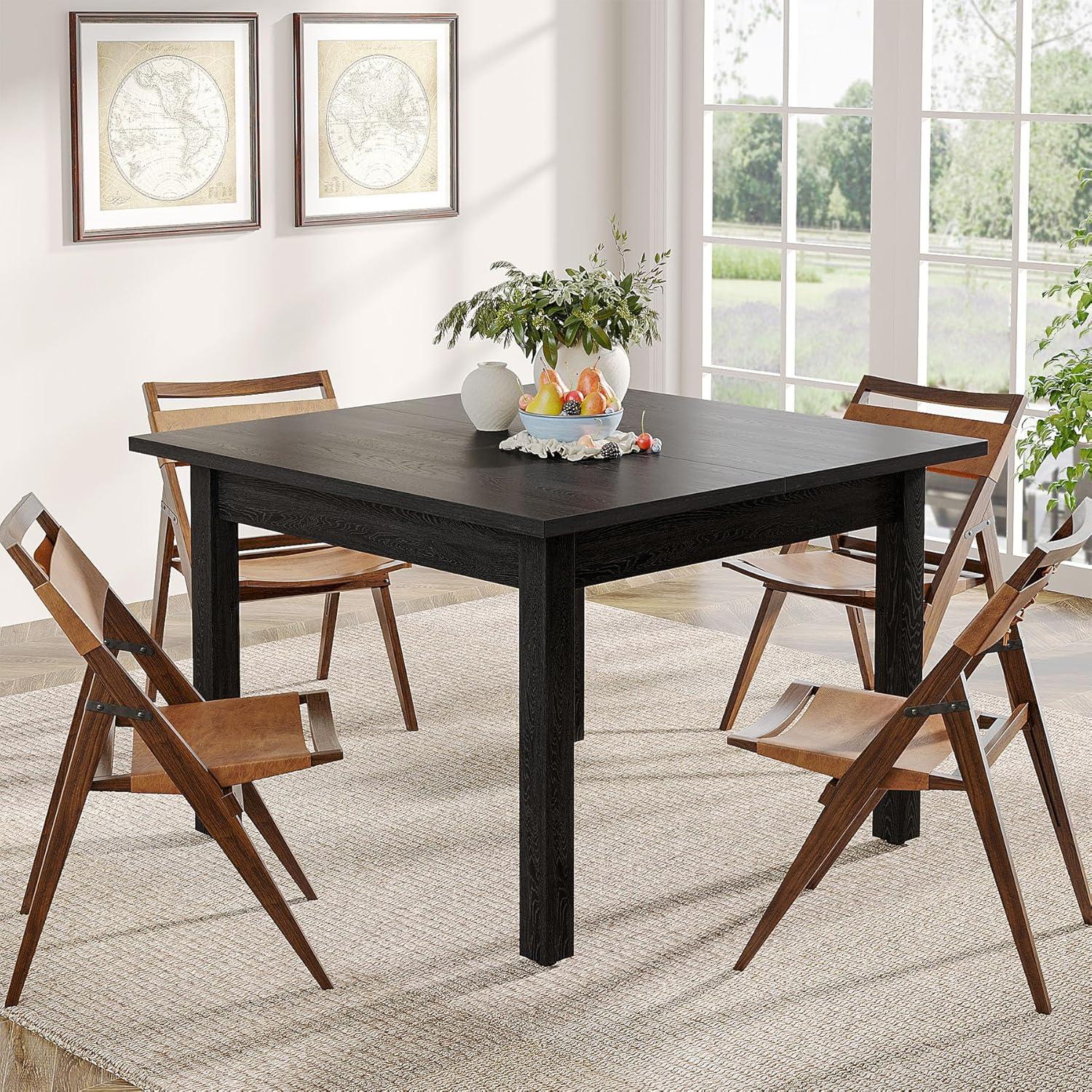 Pure Black Square Dining Table with Solid Wood Legs