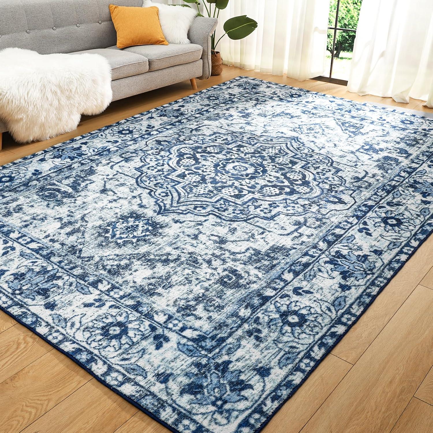 Soft Area Rug 5x7, Washable Living Bedroom Rug Low-Pile Vintage Rugs, Non-Slip Non-Shed Floral Print Accent Floor Carpet for Dining Room Home Office, Updated Blue