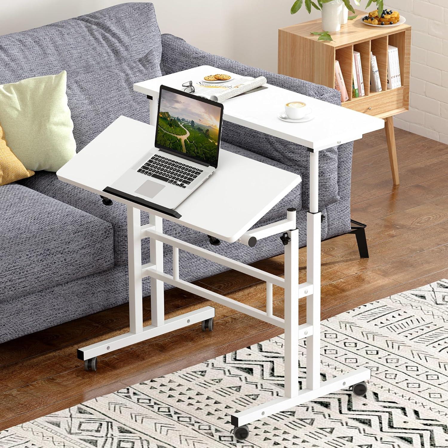 QuellQuest Adjustable Laptop Desk with Wheels Home Office Workstation Rolling White Table Laptop Cart for Standing or Sitting