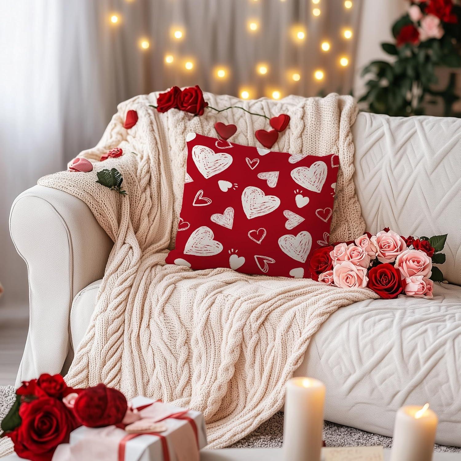 Red and White Polyester Valentine's Day Heart Pillow Covers 18x18 Inch Set