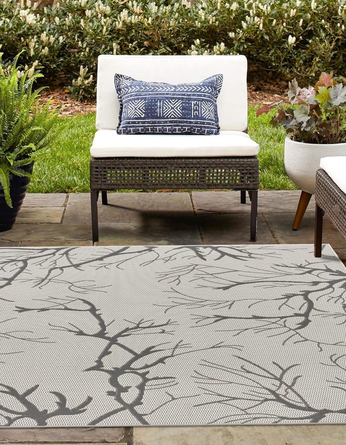 Unique Loom Branch Outdoor Botanical Rug , 6' 1" x 6' 1" ,Light Gray