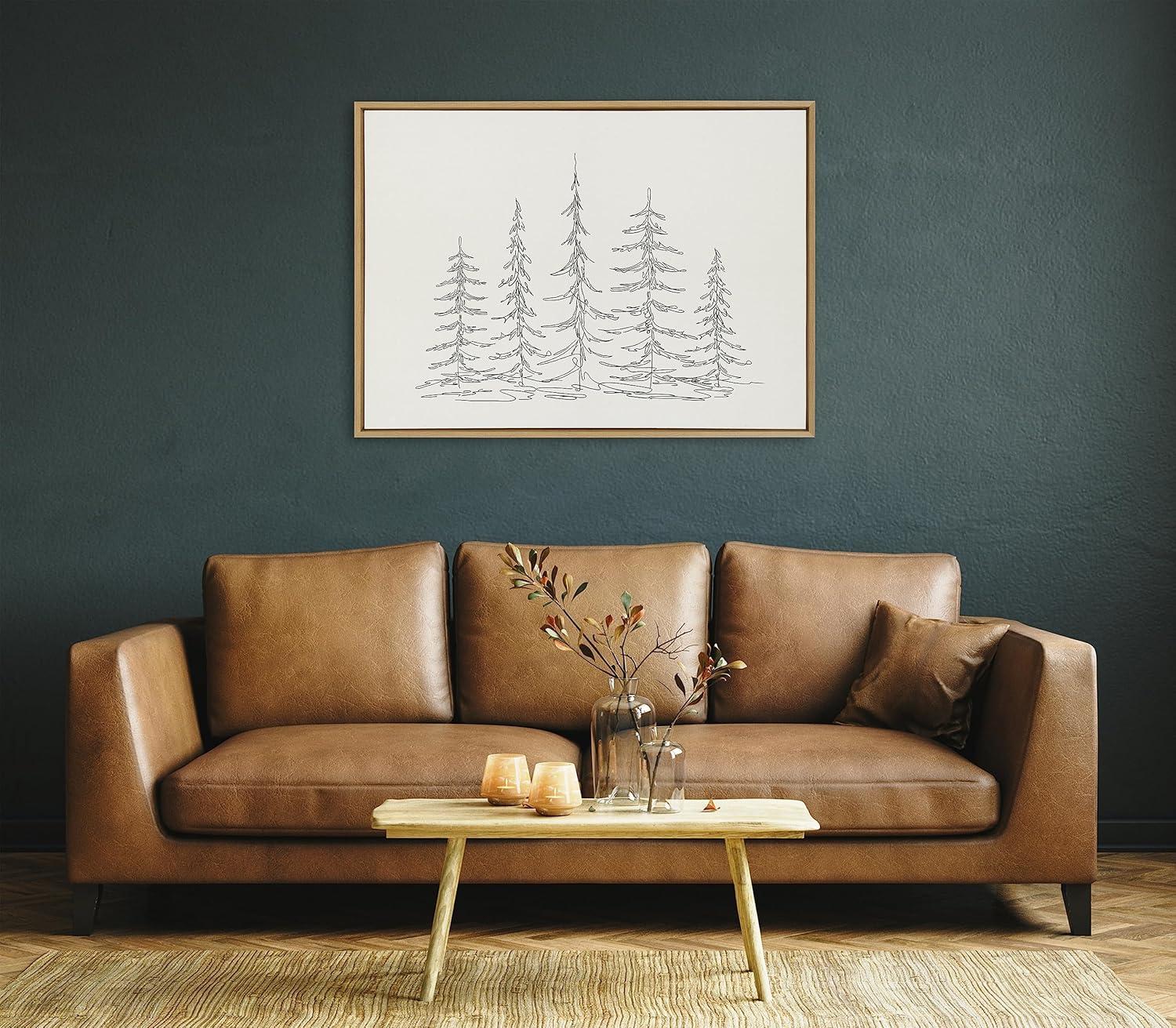 Kate and Laurel Sylvie Minimalist Evergreen Trees Sketch Framed Canvas Wall Art by The Creative Bunch Studio, 28x38 Natural, Modern Minimal Tree Line Wall Art