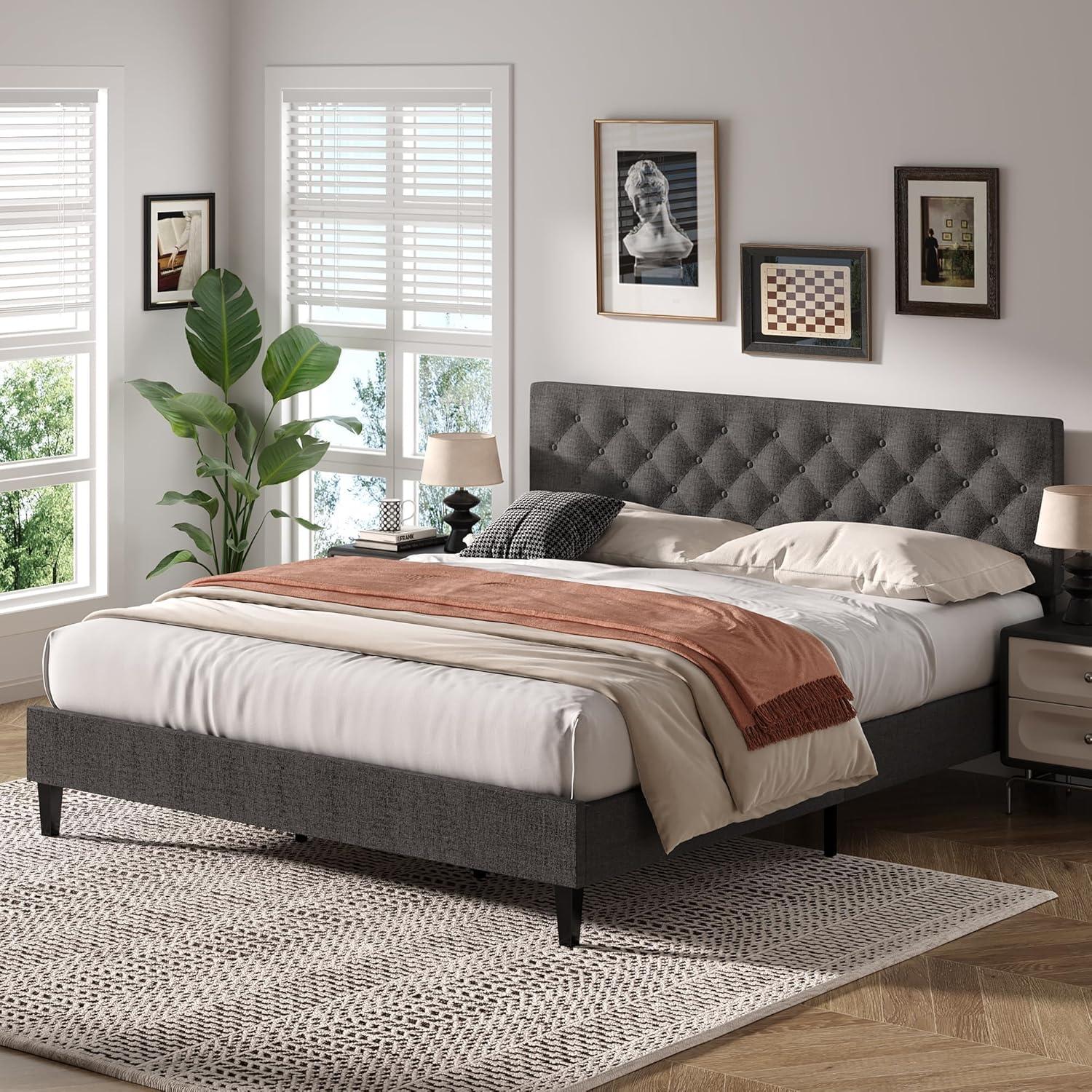 King Size Bed Frame, Upholstered Platform Bed Frame King with Button Tufted Headboard, Wooden Slats Support, No Box Spring Required, Easy Assembly, Navy Blue