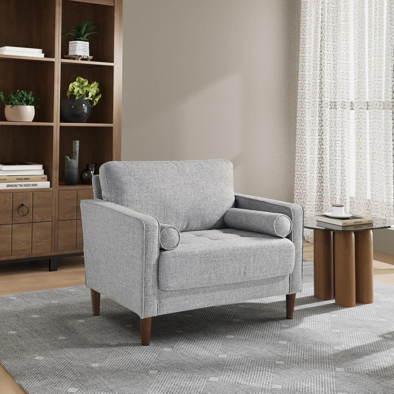 Light Gray Tufted Fabric Accent Chair with Wood Legs