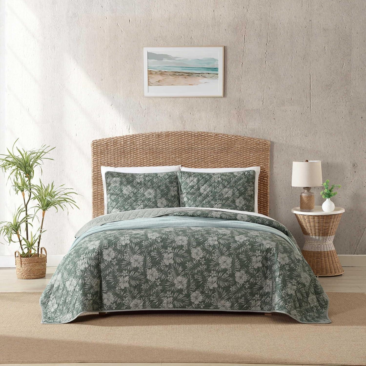 Eddie Bauer Tommy Bahama Hibiscus Jungle Cotton Reversible Green Quilt Set