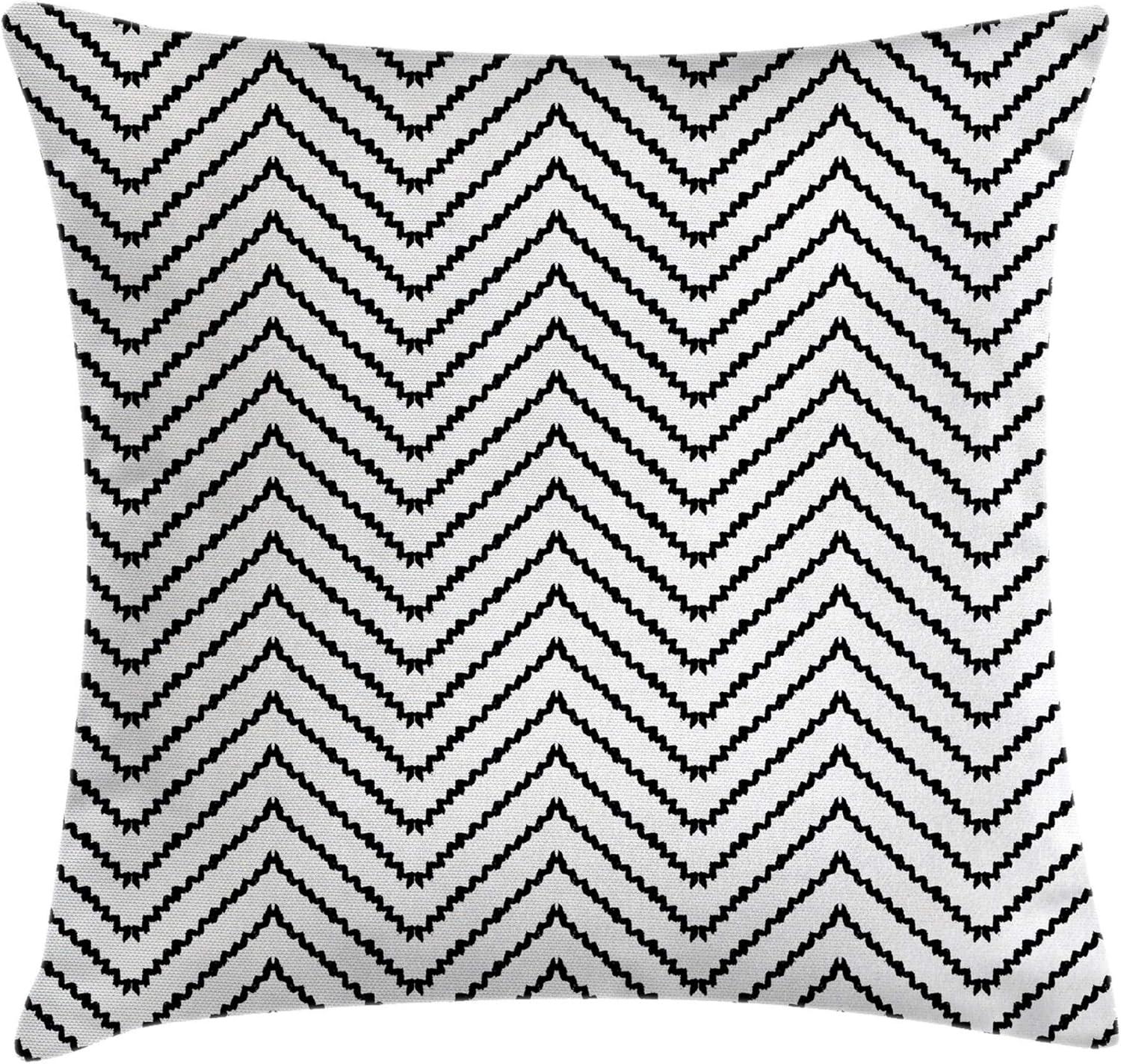 Black and White Zig Zag Polyester Throw Pillow, 16 x 16 Inches