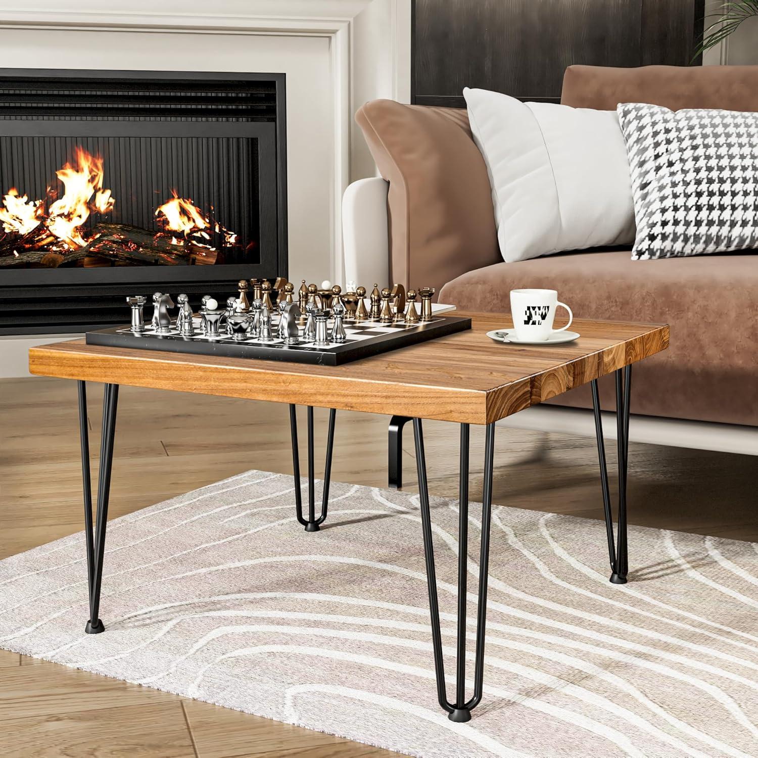 Rustic Elm Wood Square Coffee Table with Metal Hairpin Legs