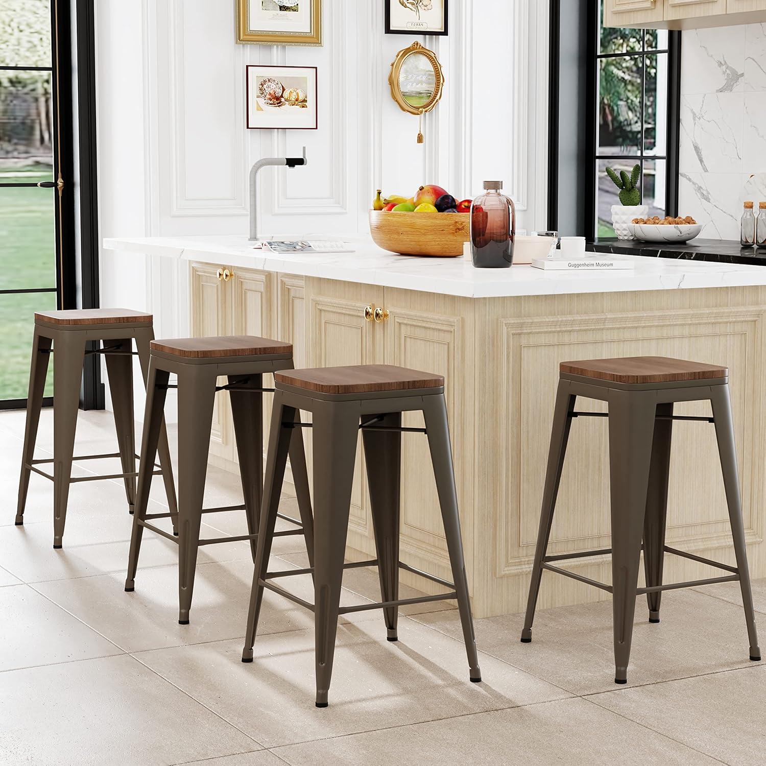 WENTMENT Bar Stools Set of 4 Counter Height Bar Stools Metal Barstools with Removable Back 30" Kitchen Bar Stools with Wooden Seat, Rusty