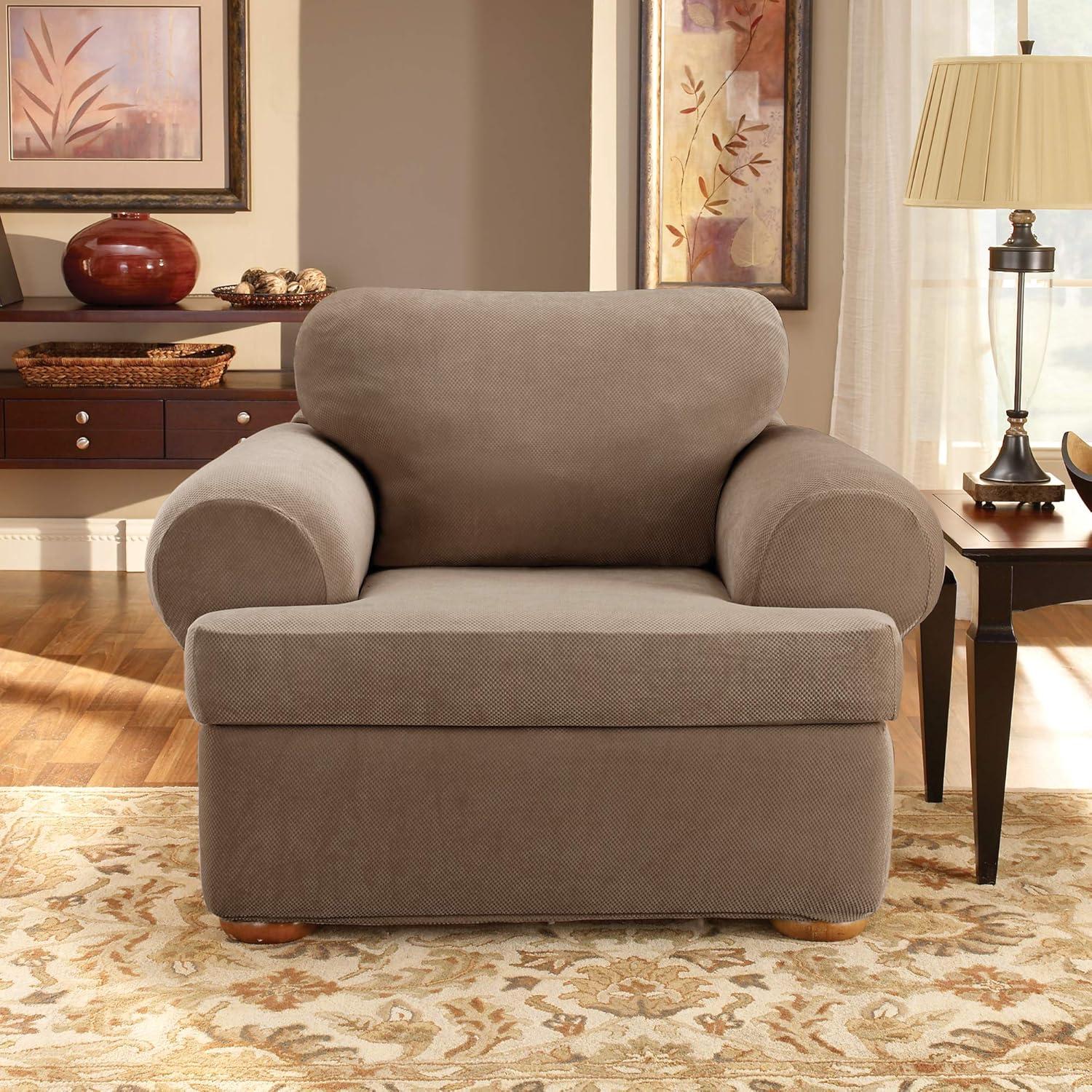 Taupe Stretch Pique T-Cushion Chair Slipcover Set