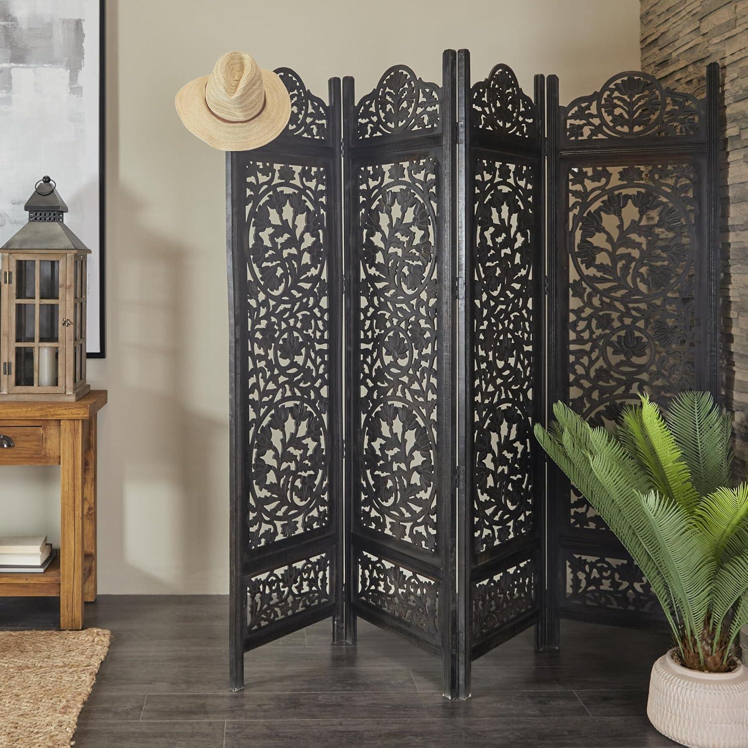 DecMode 80" x 72" Black Wood Floral Handmade Hinged Foldable Partition 4 Panel Room Divider Screen with Intricately Carved Designs, 1-Piece