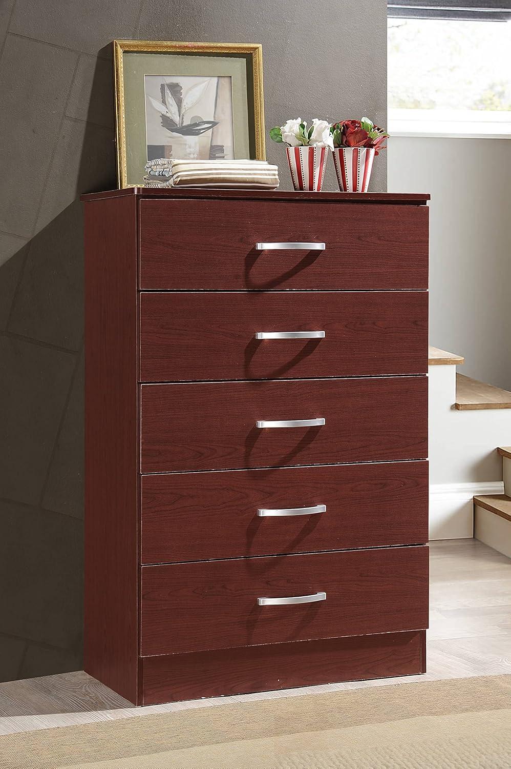 Mahogany 5-Drawer Vertical Chest with Metal Handles