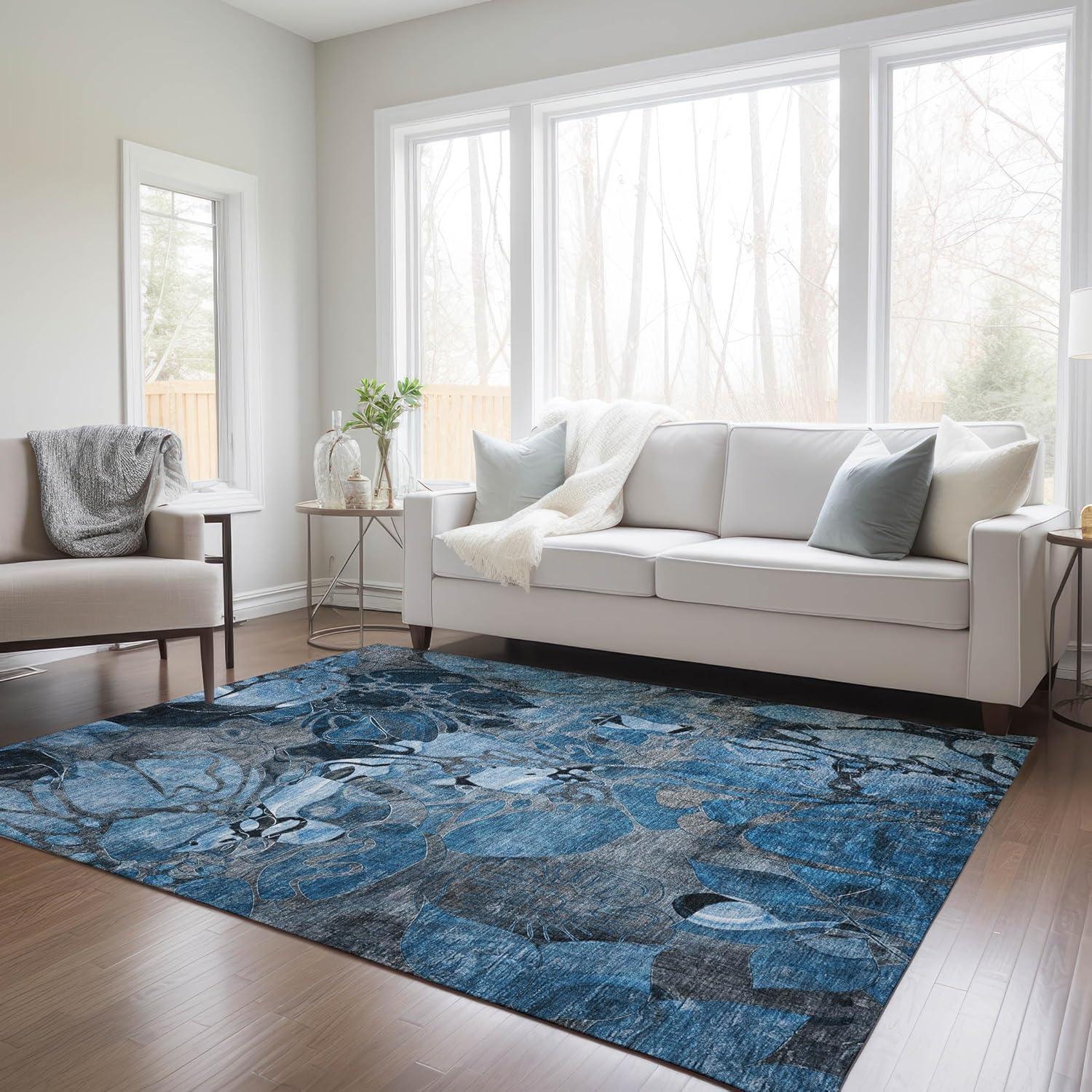 Blue Floral Synthetic 9' x 12' Washable Area Rug