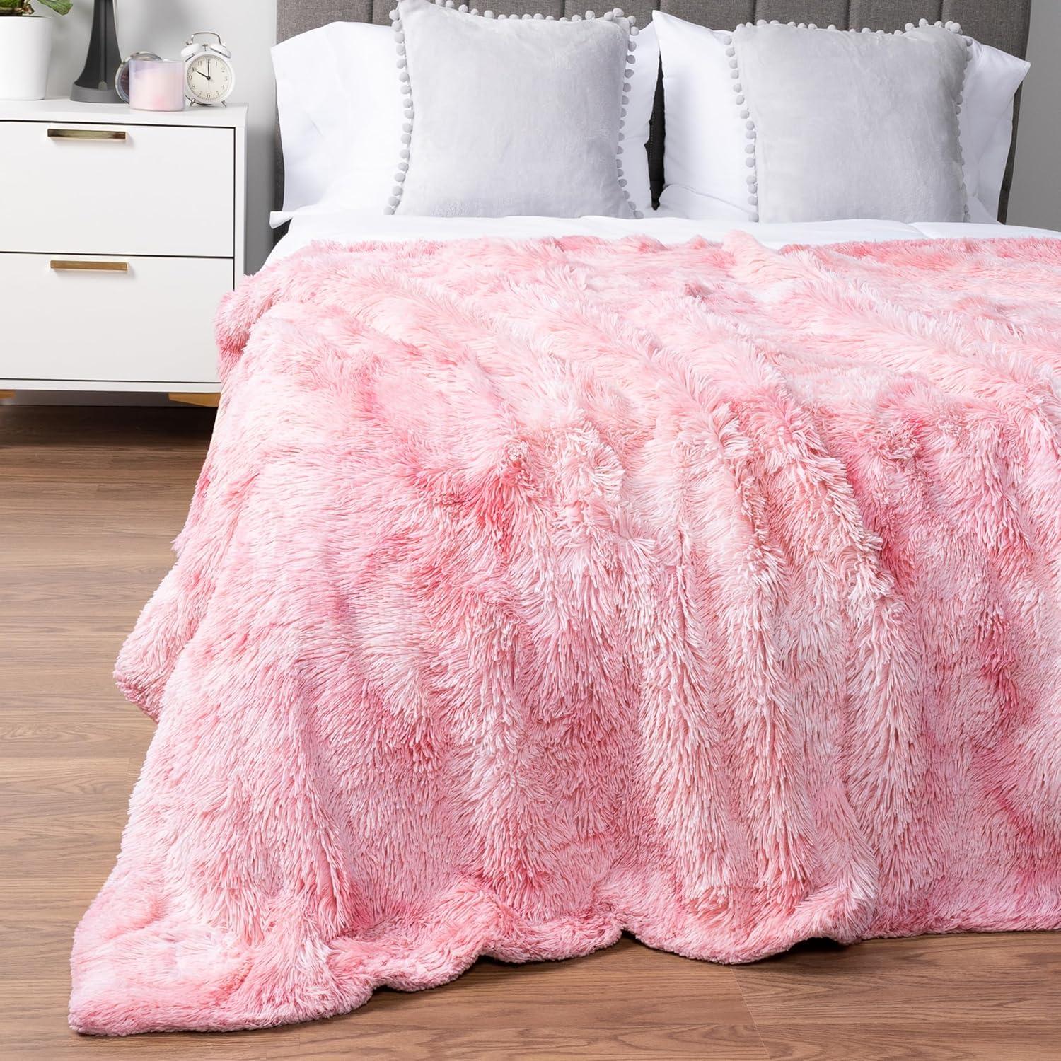 PAVILIA Fluffy Faux Fur Reversible Throw Blanket for Bed, Sofa, and Couch