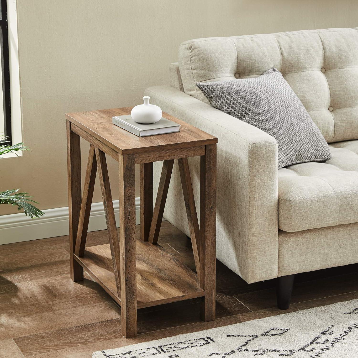 Rustic Oak A-Frame Rectangular End Table with Open Shelf