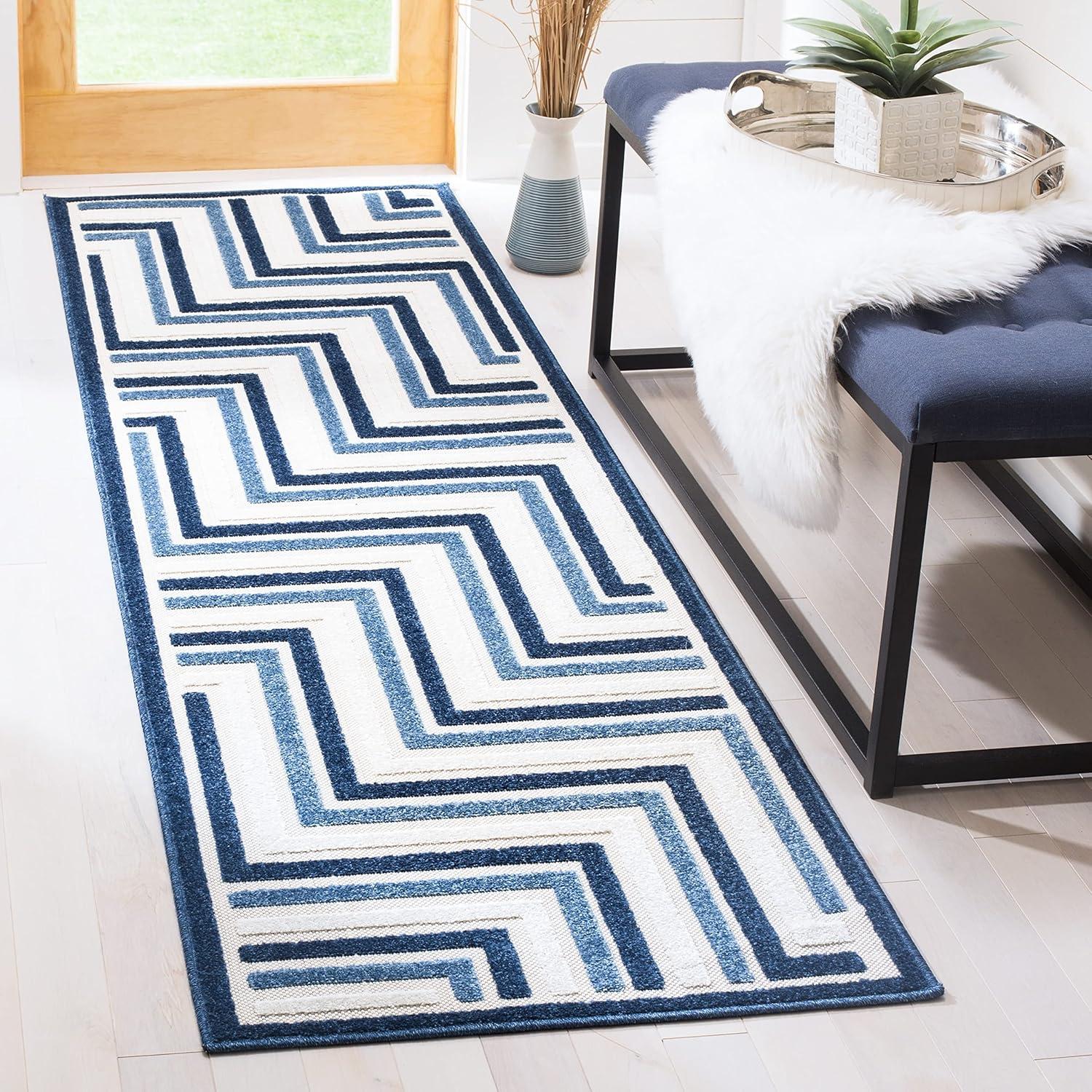 Blue and Cream Geometric Indoor/Outdoor Area Rug, 8' x 11'2"