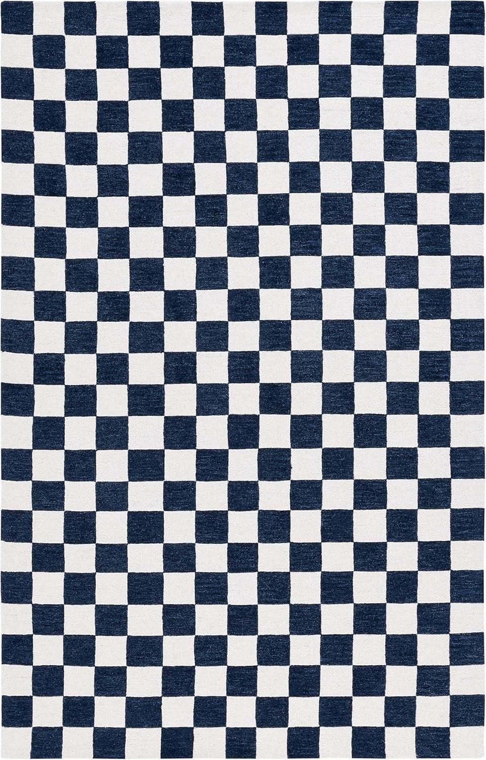 Navy and Ivory Checkered Handmade Wool Area Rug, 3' x 5'