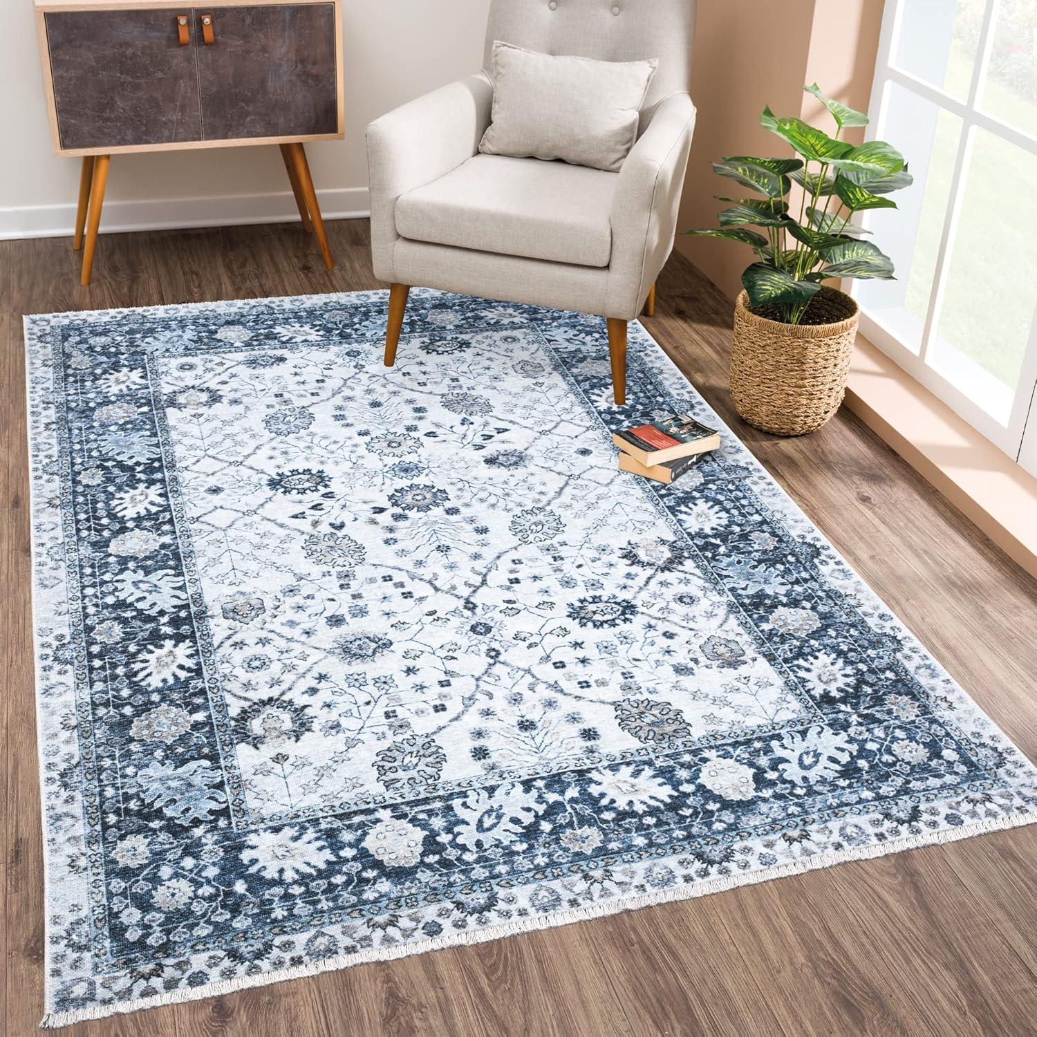 Blue Floral 8' x 10' Synthetic Washable Area Rug