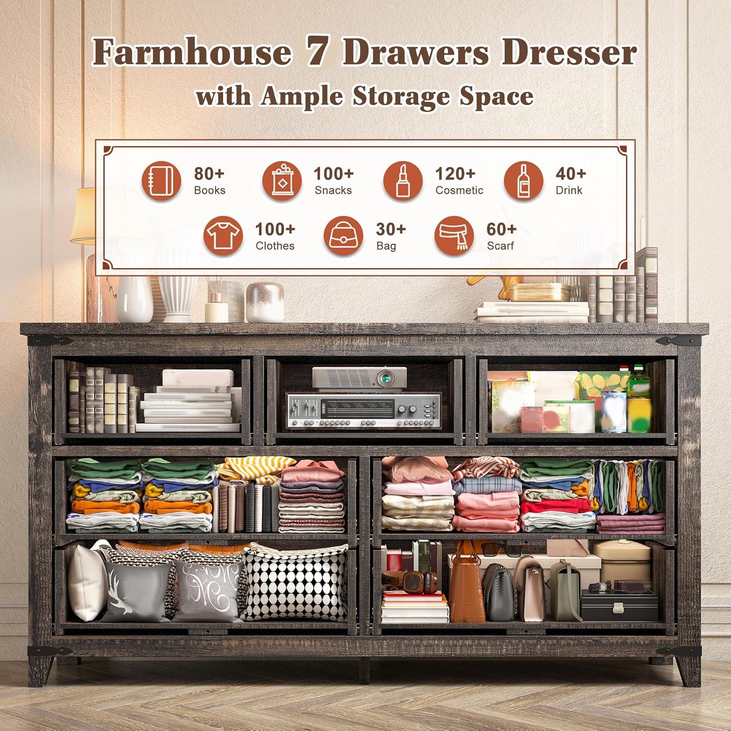 Gracie Oaks Wood Dresser For Bedroom With 7 Drawers, Farmhouse Chest Of Drawers