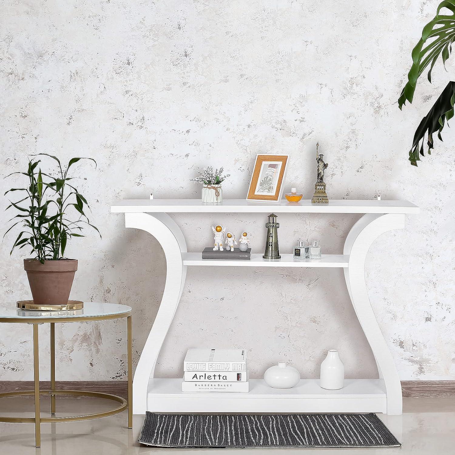 White MDF Console Table with Curved Legs and Shelves