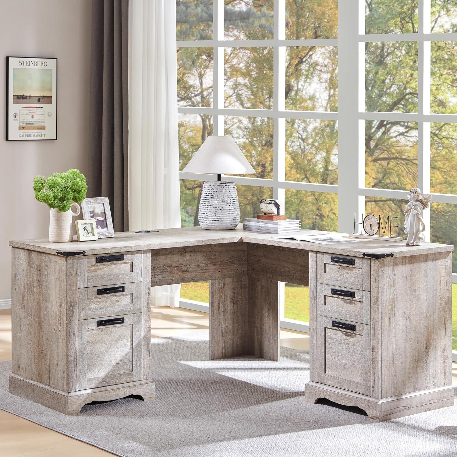 RedLemon 60" Farmhouse L Shaped Desk with Drawers, Wood Home Office Corner Executive Desk with Charging Station, File Drawer, Storage Cabinet, Rustic Computer Writing Desk (Light Rustic Oak)