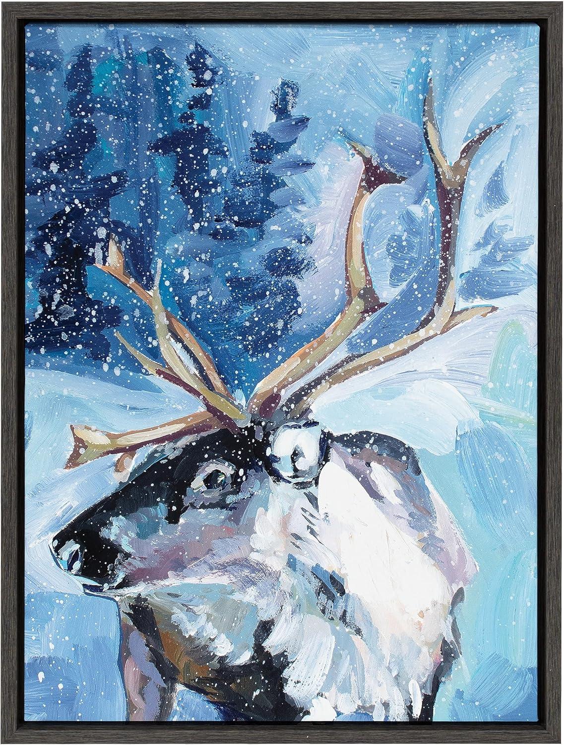 Kate & Laurel All Things Decor Sylvie Colorful Majestic Reindeer In Snow Framed Canvas Wall Art by Rachel Christopoulos