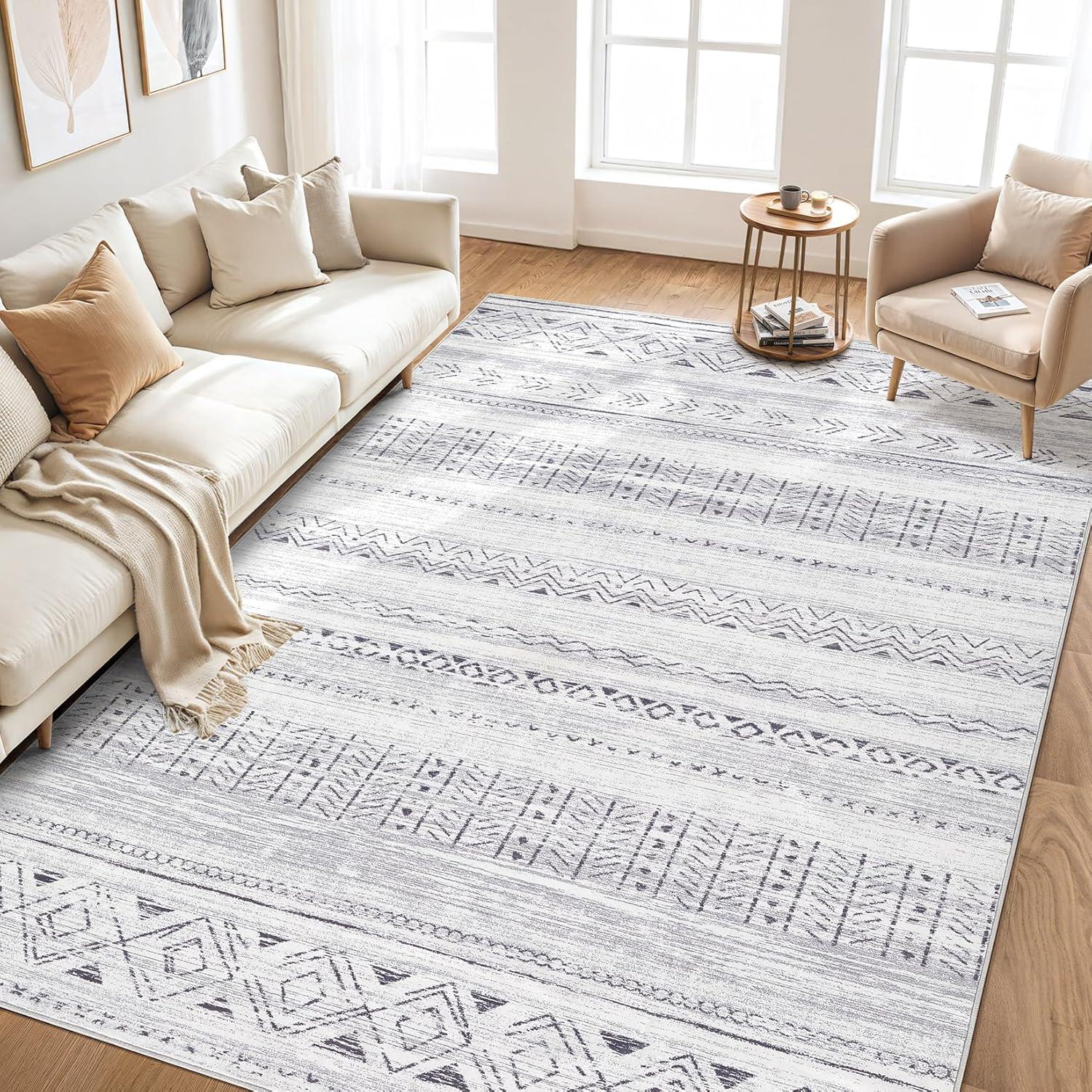 Large Living Room Area Rug 9x12: Soft Machine Washable Boho Moroccan Farmhouse Rugs for Bedroom Under Dining Table - Non-Slip Neutral Morden Indoor Floor Rug Carpet for Home Office Decor - Grey