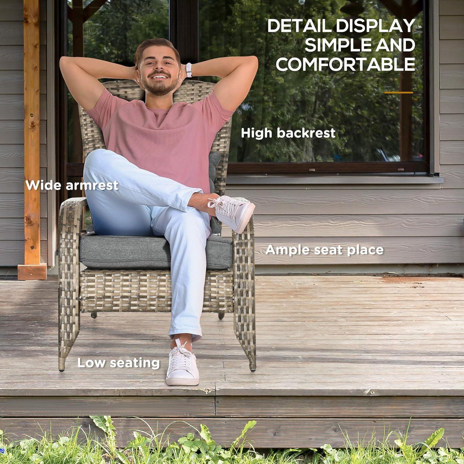 Outsunny Patio Adirondack Chair with All-Weather Rattan Wicker, Soft Cushions, Tall Curved Backrest for Deck or Garden, Light Gray