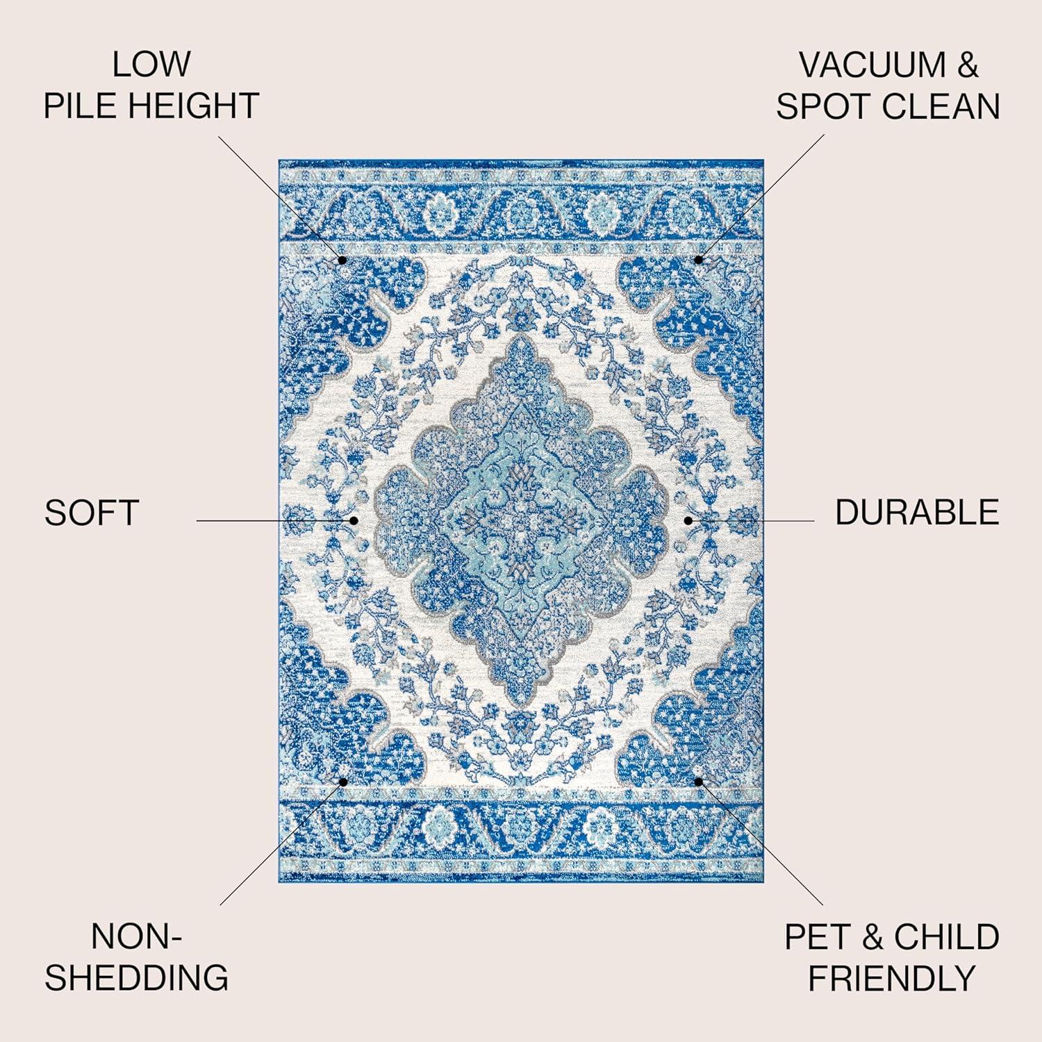 Reversible Cream/Blue Synthetic 4' x 6' Vintage Medallion Rug