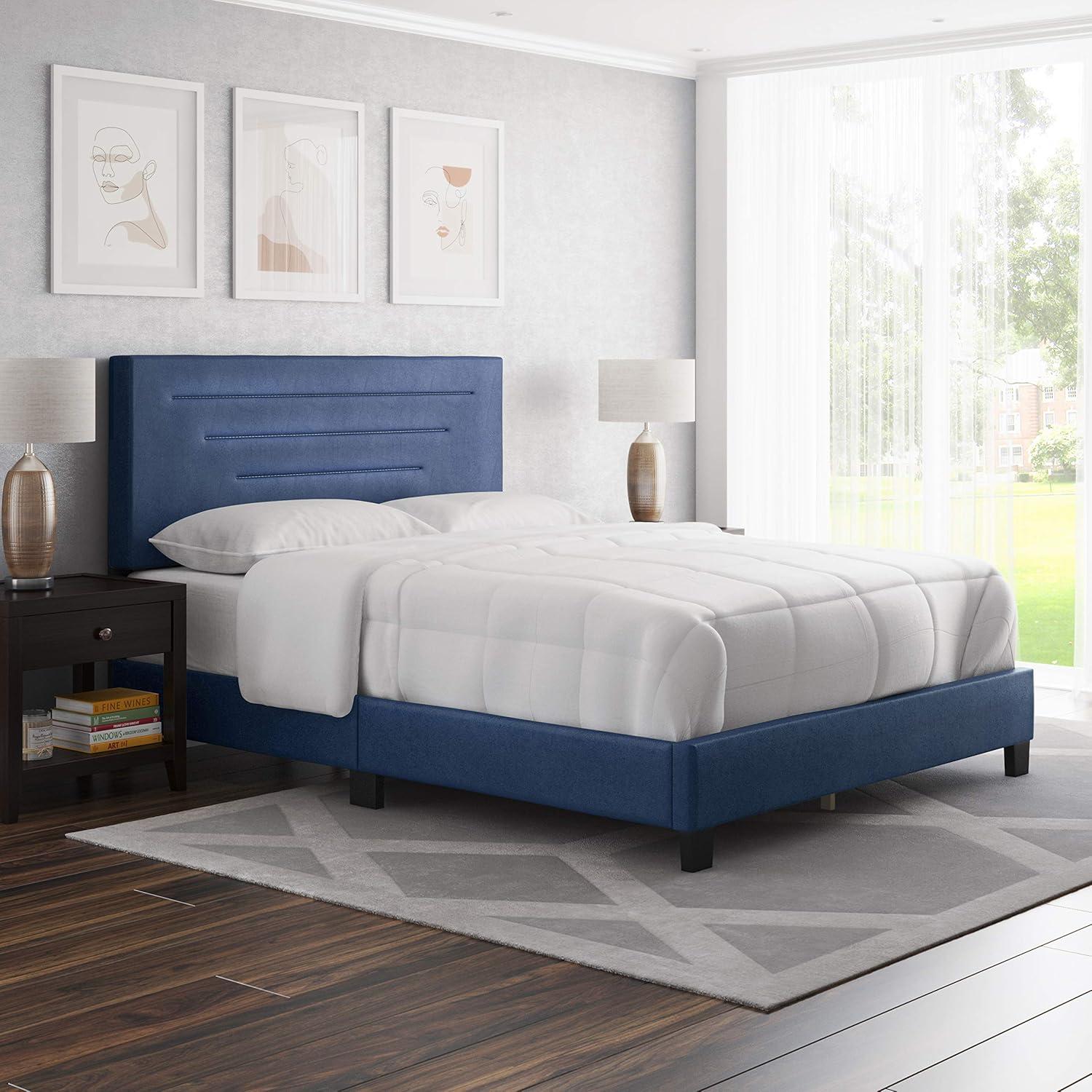 Luxenbourg Blue Faux Leather King Platform Bed with Tufted Upholstered Headboard