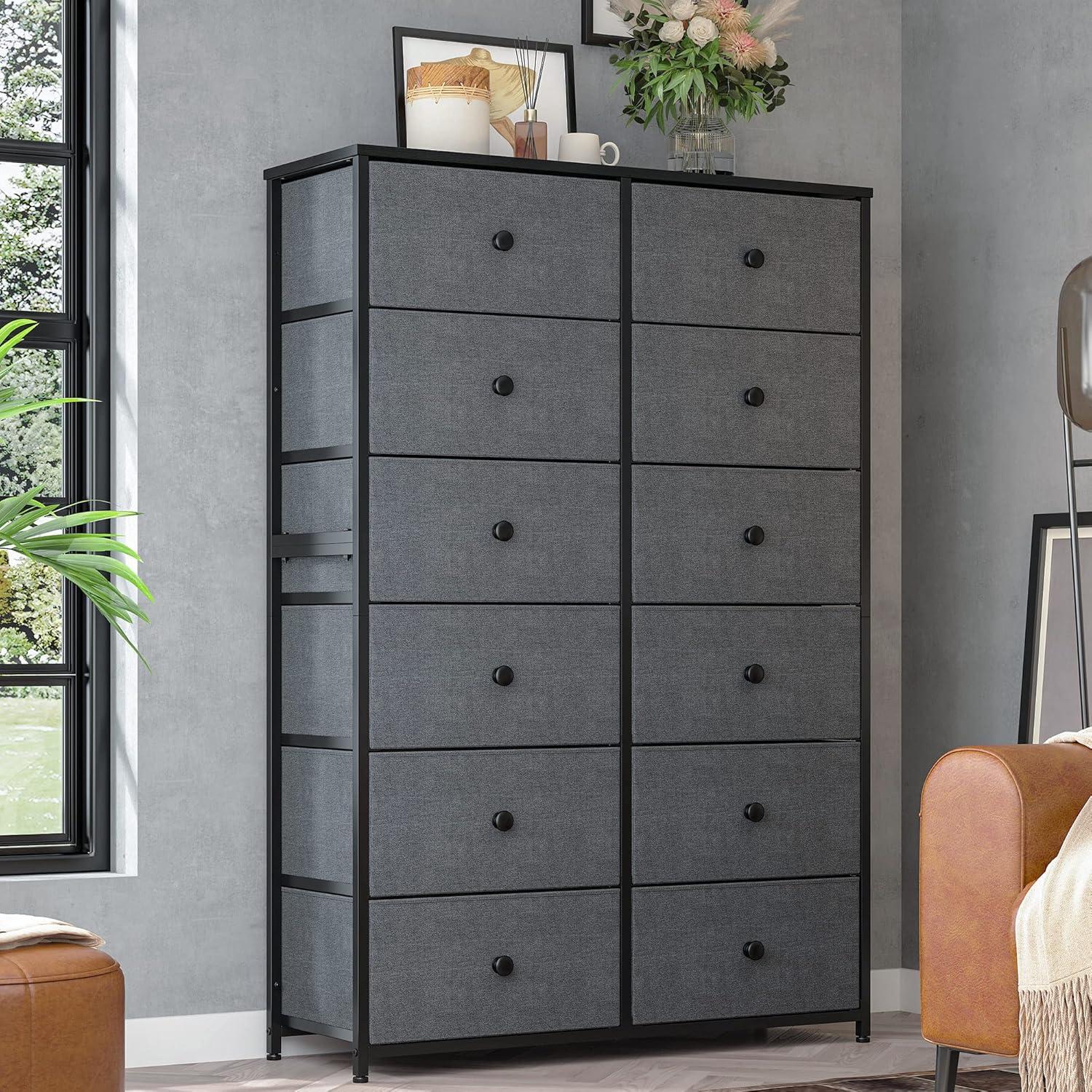 TiaGOC Dresser for Bedroom with 12 Drawers, Large Tall Dressers for Bedroom with Wooden Top and Metal Frame, Bedroom Dresser Dressers & Chests of Drawers Clearance, 40.6" W x 11.8" D x 43.7" H, Gray