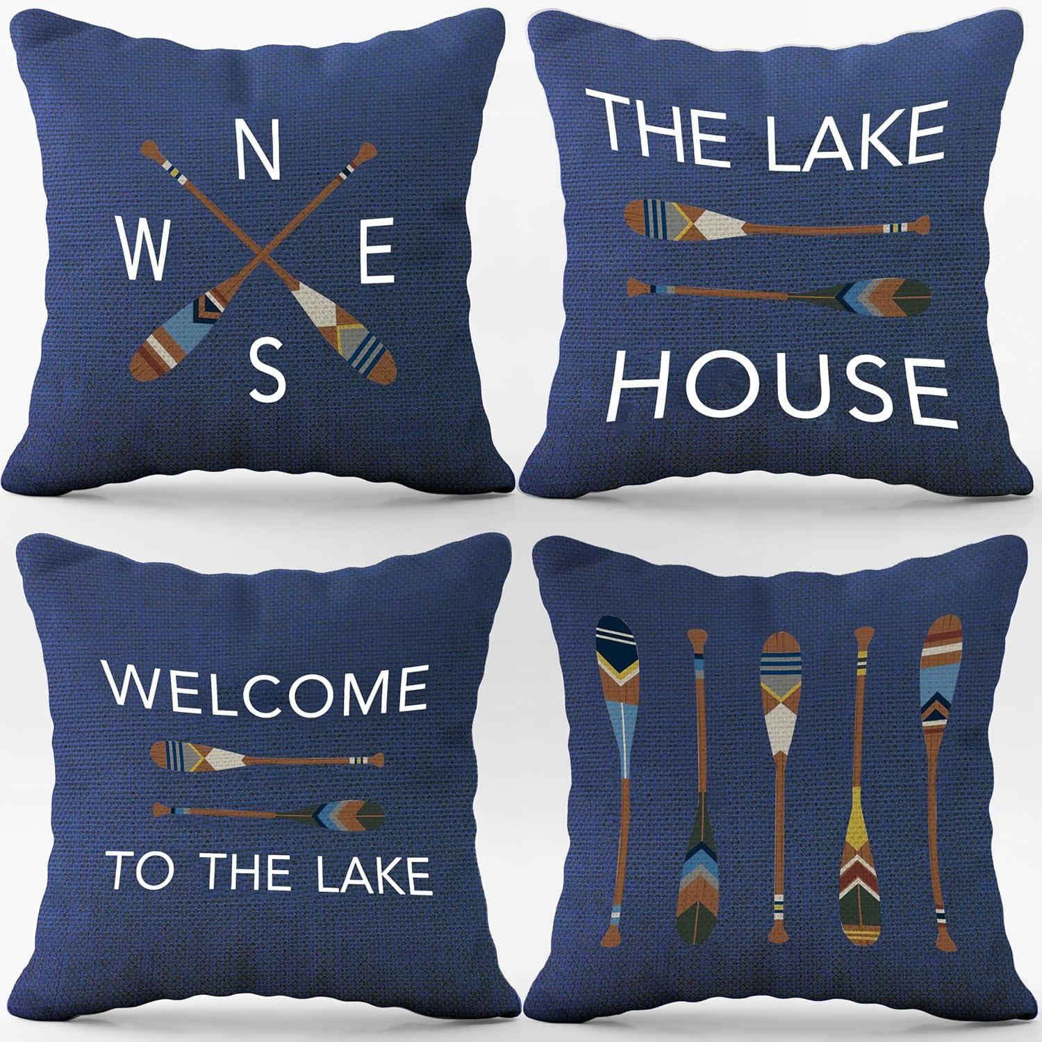 The Lake House Lake Throw Pillow Case, 18 x 18 Inch Set of 4, Lake Paddle Decor, Lake House Rules Decor, Lake House Decor, Lake House Room Decor Pillows Cover for Sofa Couch Bed (Blue)