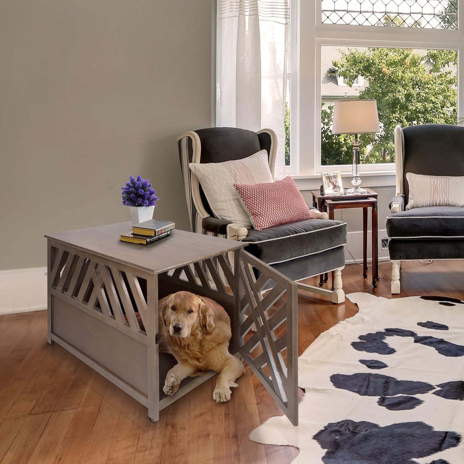 Taupe Gray Solid Wood Lattice Pet Crate End Table