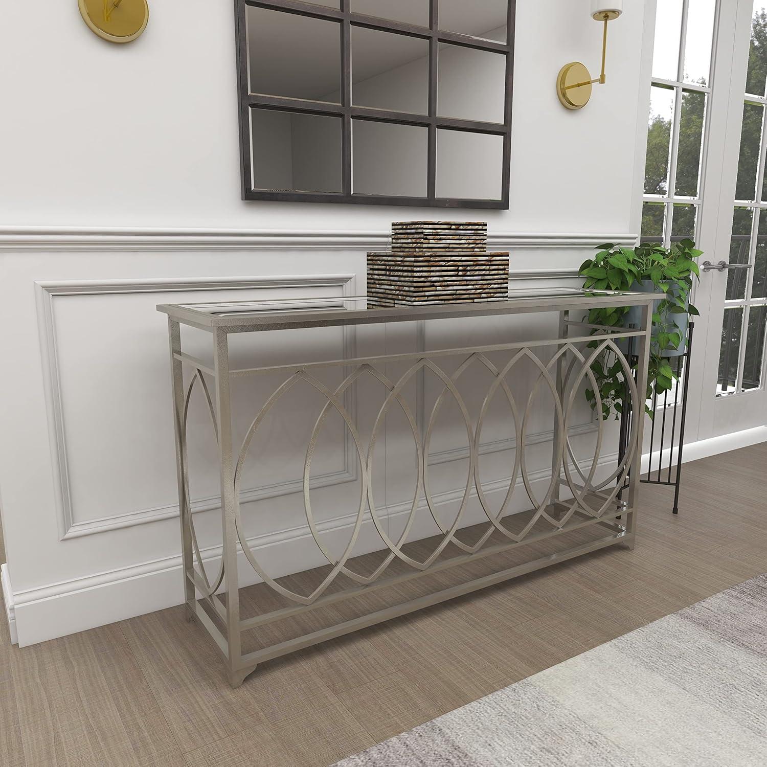 Mercer41 Metal Geometric Living Room Console Table with Mirrored Glass Top