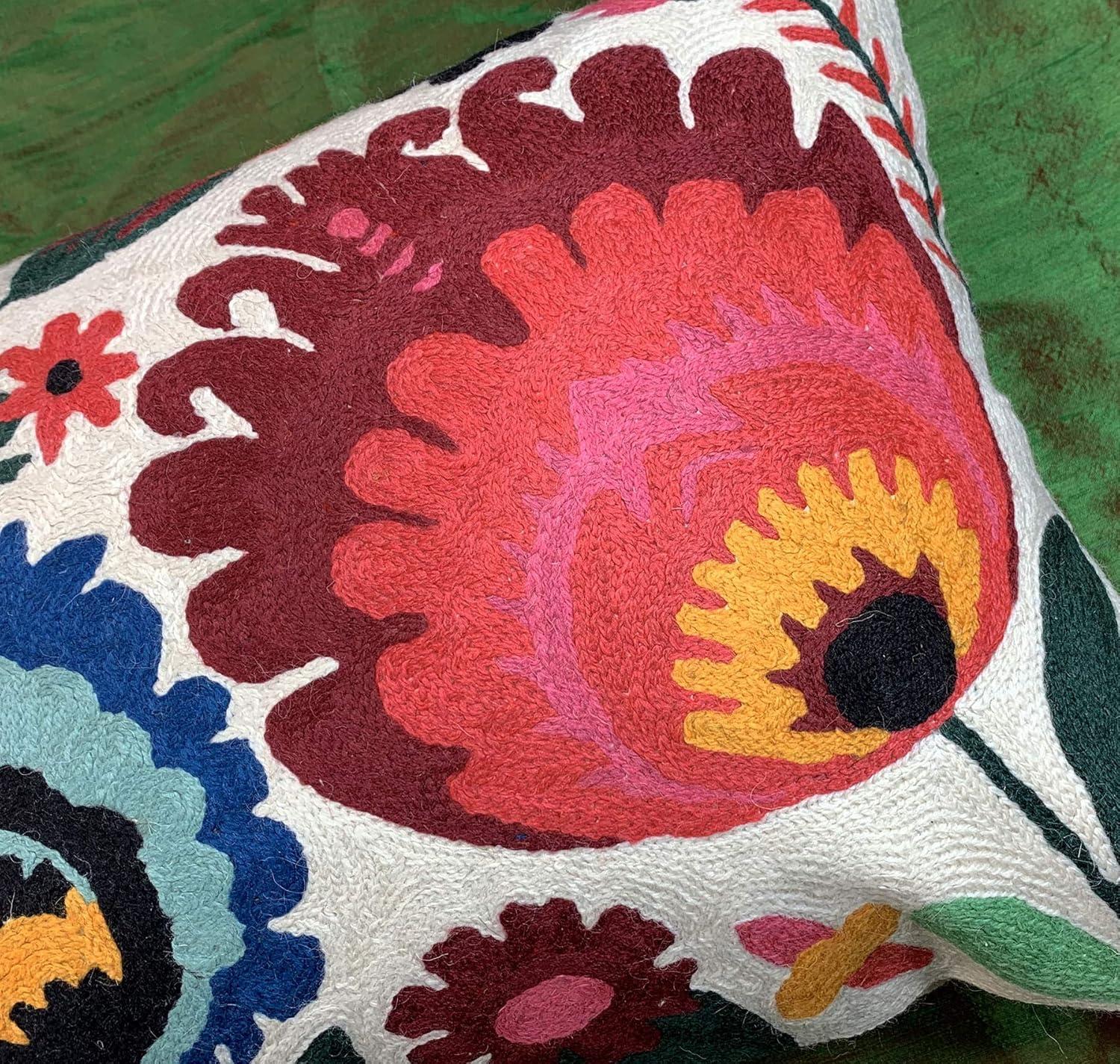 Hand Embroidered Multicolor Floral Lumbar Pillow Cover