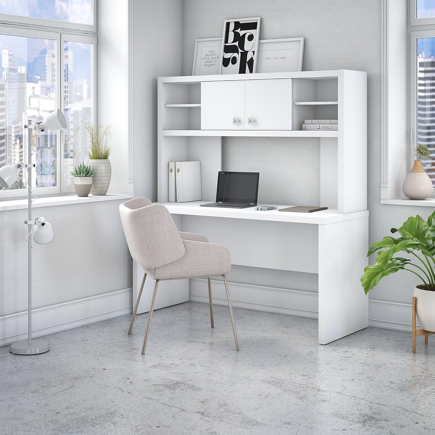 Echo Pure White 60" Computer Desk with Hutch & Filing Cabinet