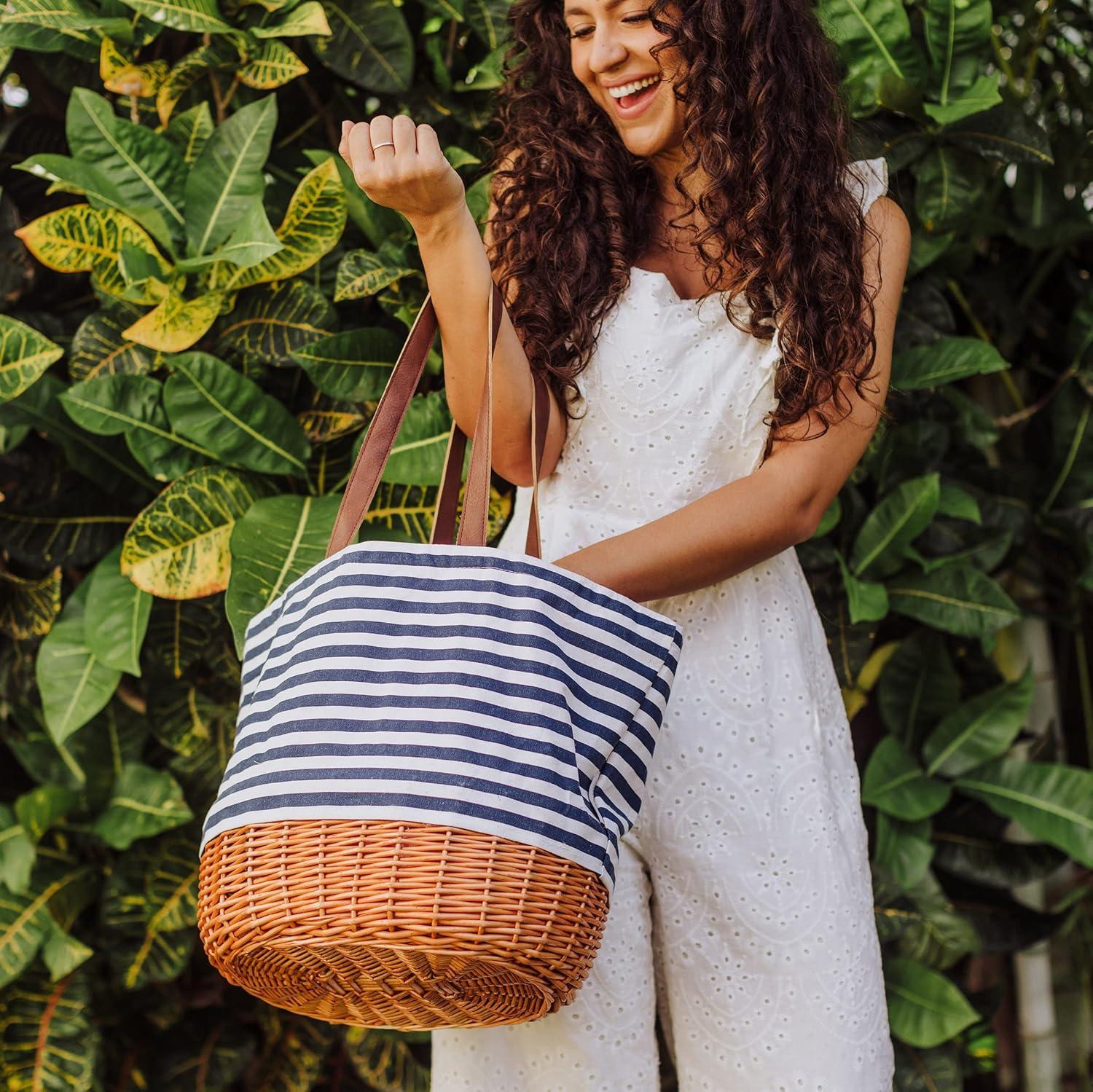 Picnic Time Coronado Canvas and Willow Basket Tote with Navy Blue and White Stripe