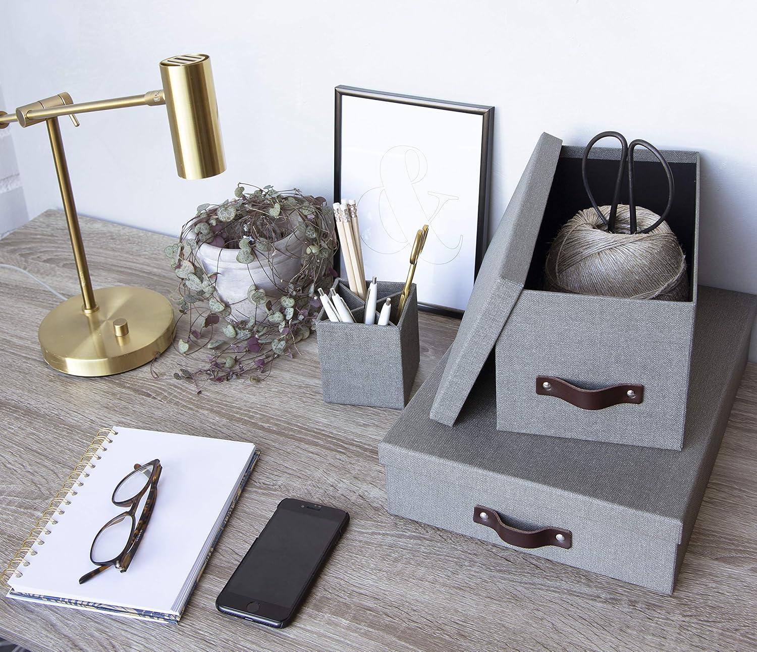 Bigso Silvia Organizational Storage Box with Leather Handle for Shelves and Stacks Easily - Durable and Decorative Storage Boxes with Lids - 5.9 in x 6.5 in x 11.6 in - Gray