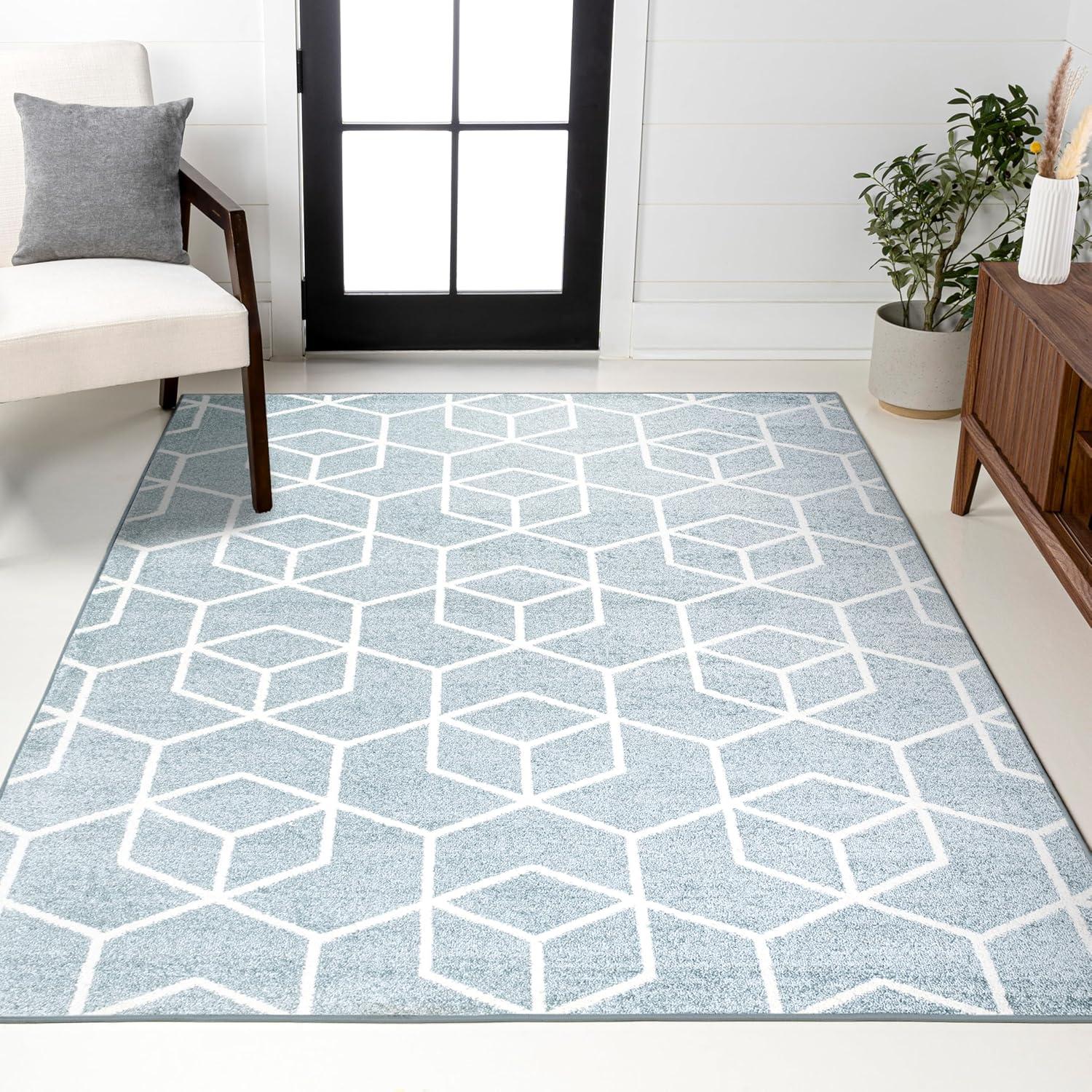 5'x8' Tumbling Blocks Modern Geometric Area Rug, Light Blue/White - JONATHAN Y