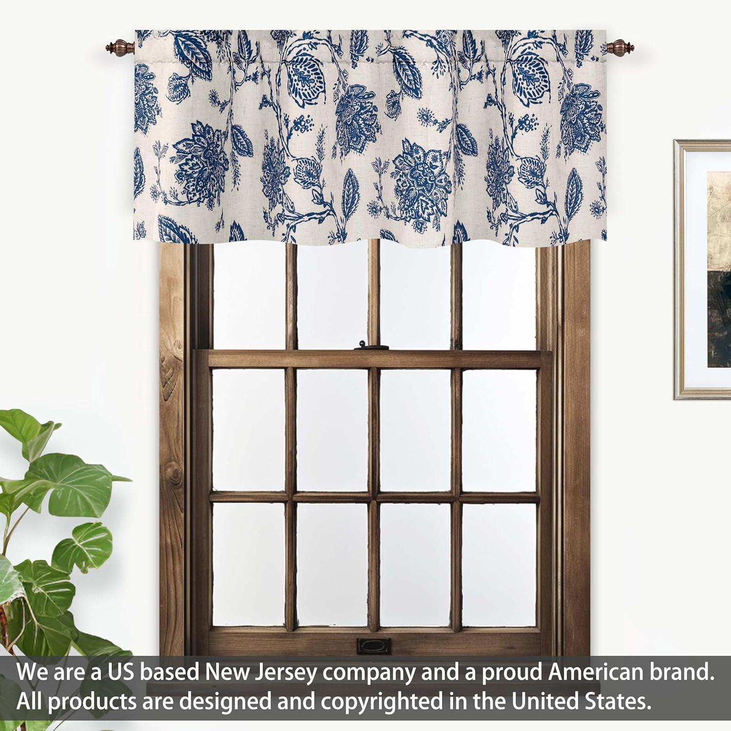 Navy Beige Floral Linen Blend Rod Pocket Valance