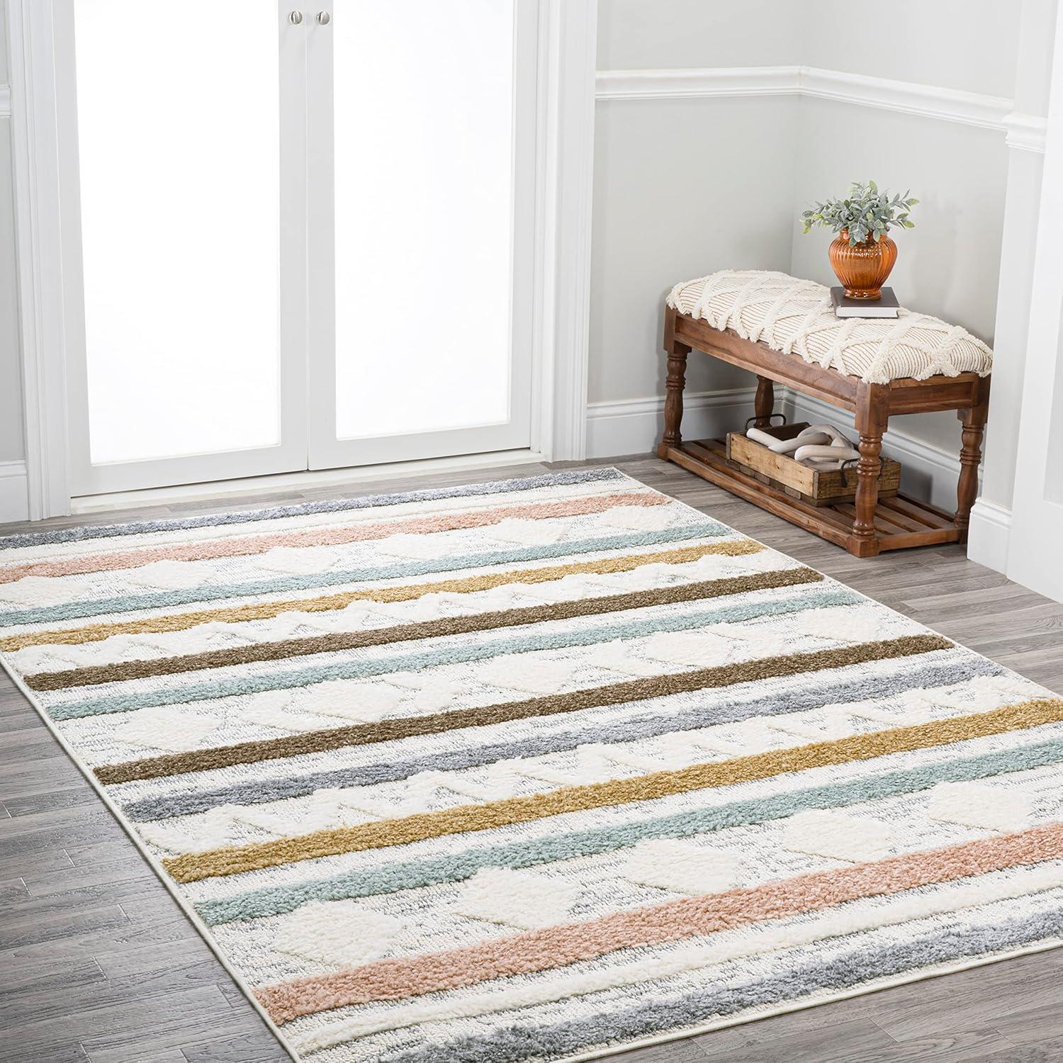 Faiza Moroccan Striped Geometric High-Low Area Rug - JONATHAN Y